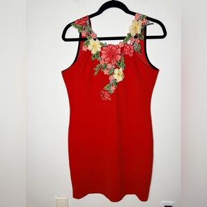 Women Chic Red Floral Embroidered Midi Dress Large